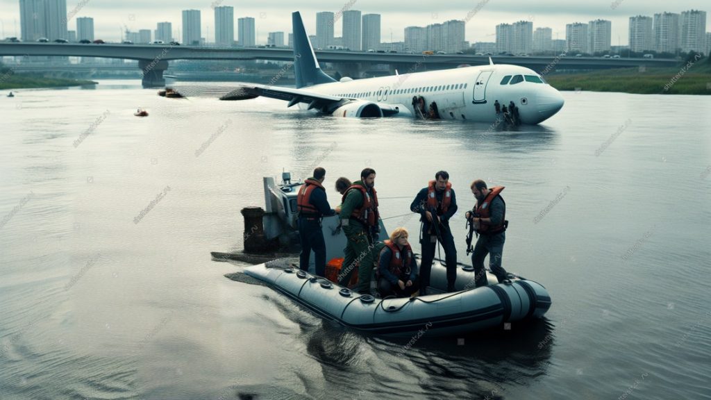 Photo from The Miracle of the Hudson River where the pilot of the plane is on the ships that rescue them